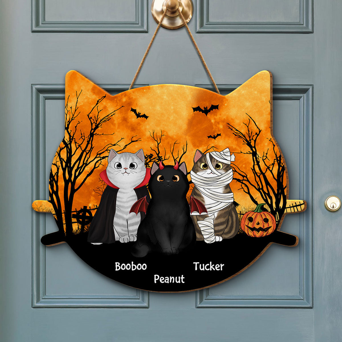 Halloween Cat Face Shaped Personalized Wooden Door Sign, Halloween Decor For Cat Moms