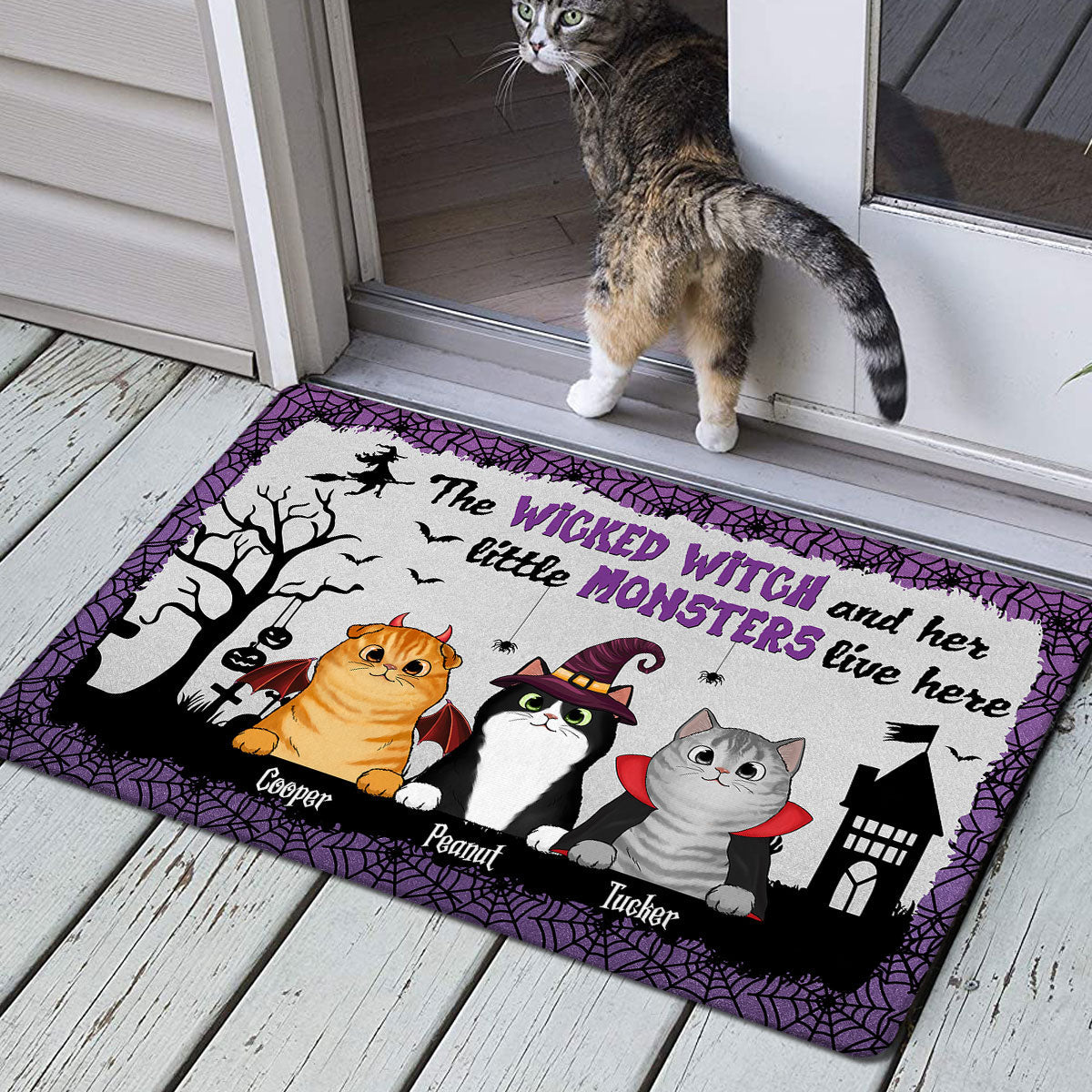 Wicked Witch And Monster Cats Live Here Halloween Spider Net - Personalized Doormat - Gift For Her