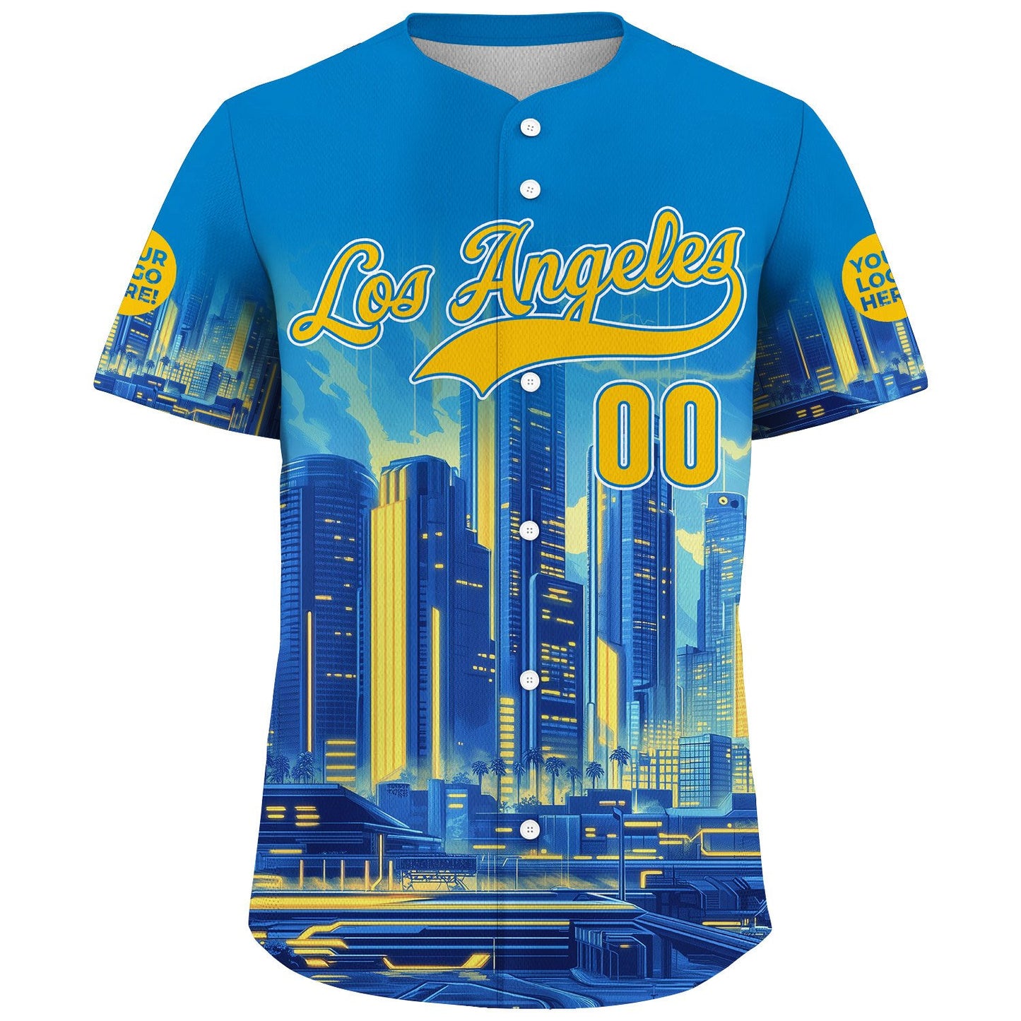 Yellow Blue California Los Angeles City Vibrant Futuristic City Skyline Custom Name Baseball Jerseys For Men & Women