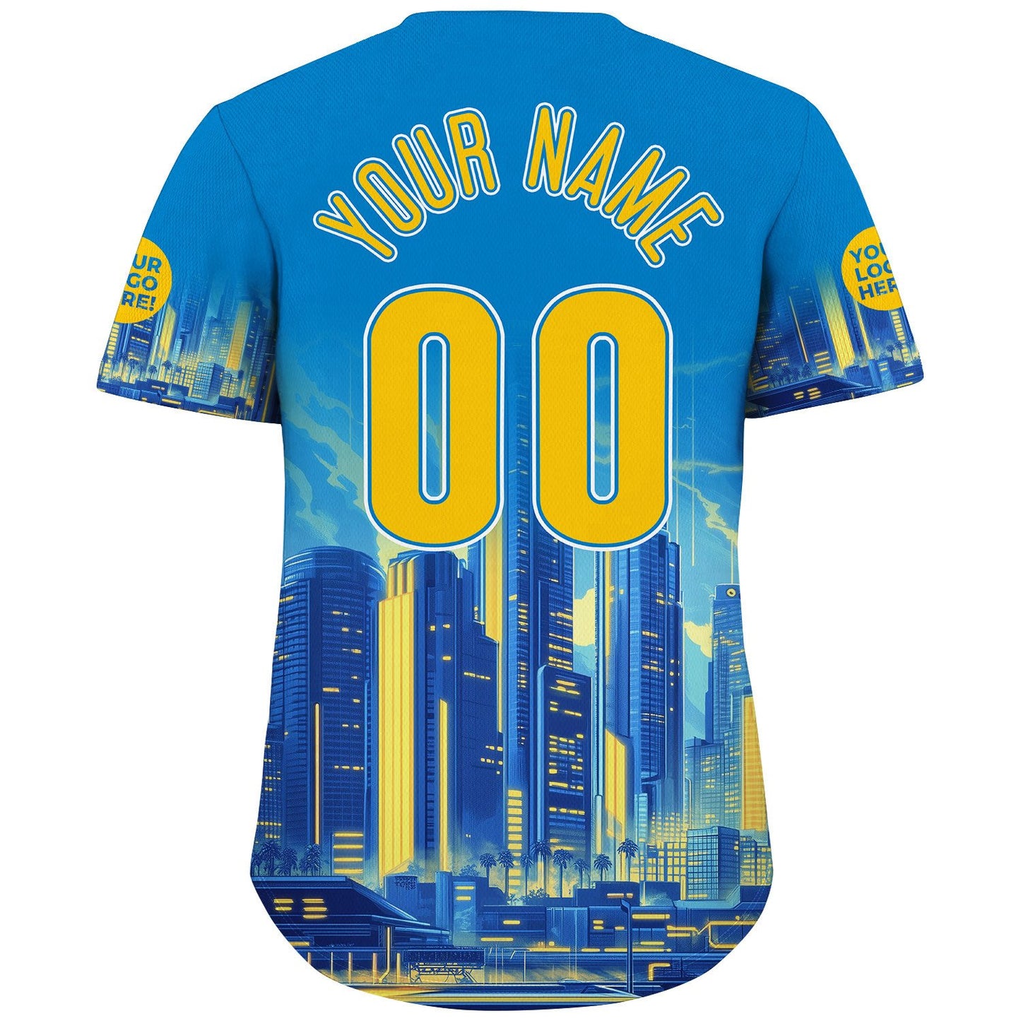 Yellow Blue California Los Angeles City Vibrant Futuristic City Skyline Custom Name Baseball Jerseys For Men & Women