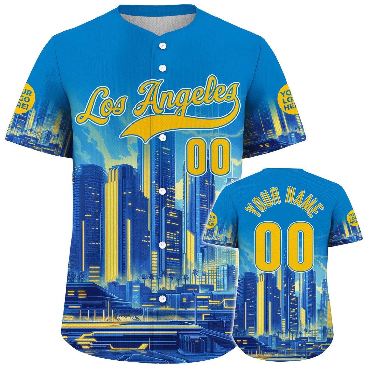 Yellow Blue California Los Angeles City Vibrant Futuristic City Skyline Custom Name Baseball Jerseys For Men & Women