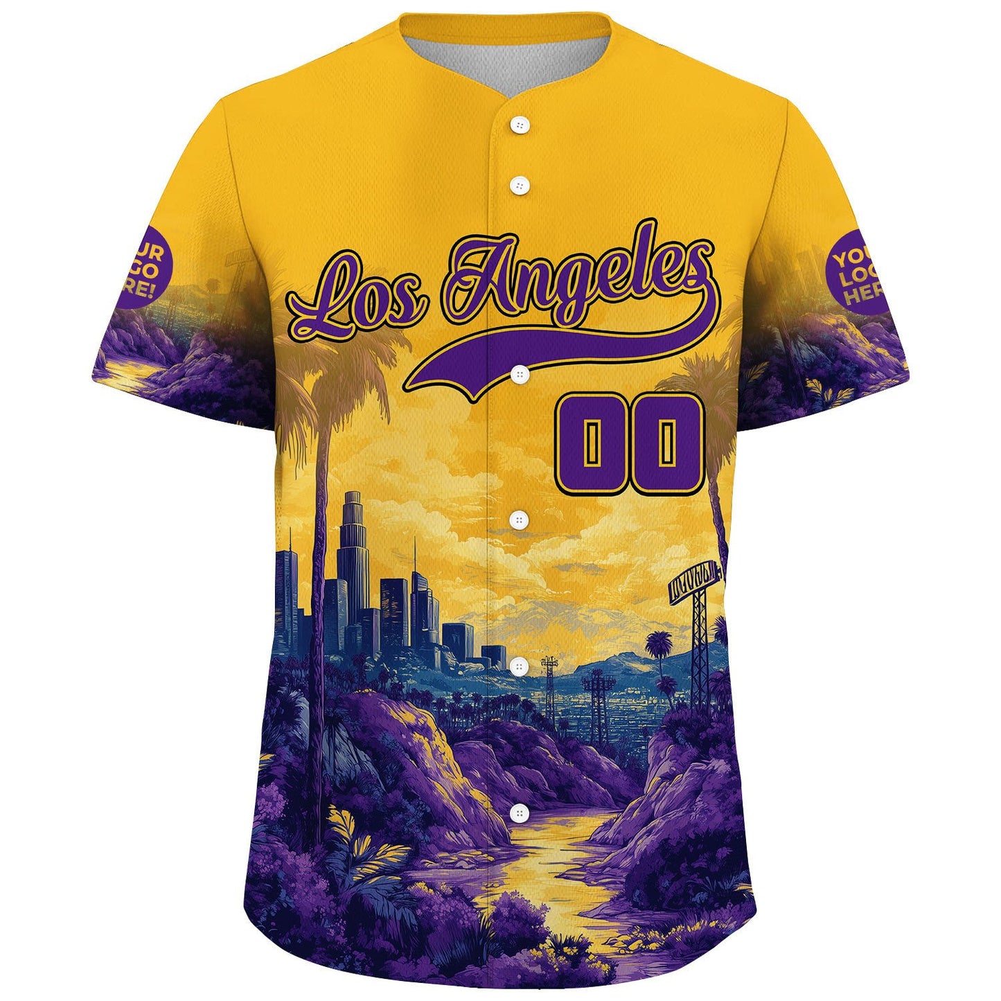 Gold Purple Los Angeles Summer Sunset City Skyline Tropical River View Custom Name Baseball Jerseys For Men & Women