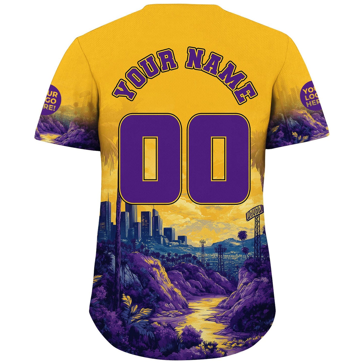 Gold Purple Los Angeles Summer Sunset City Skyline Tropical River View Custom Name Baseball Jerseys For Men & Women