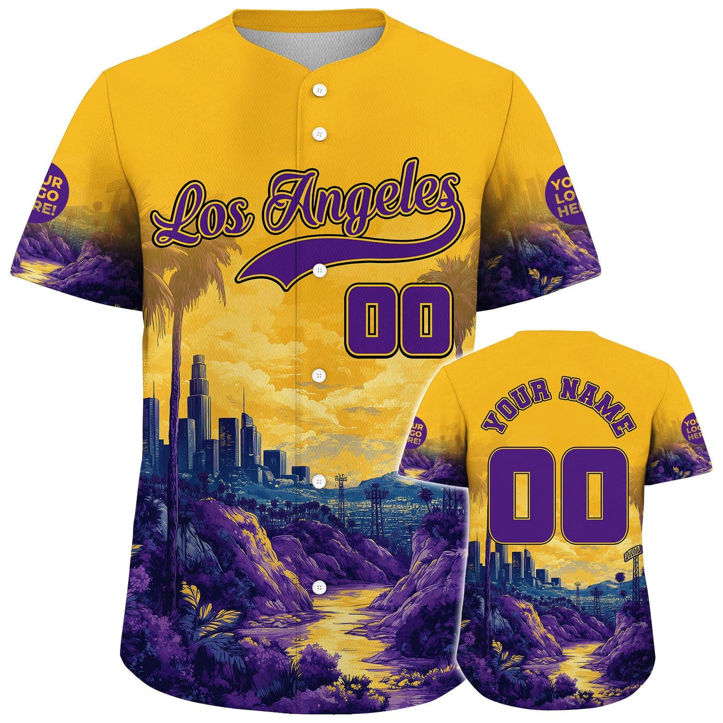 Gold Purple Los Angeles Summer Sunset City Skyline Tropical River View Custom Name Baseball Jerseys For Men & Women