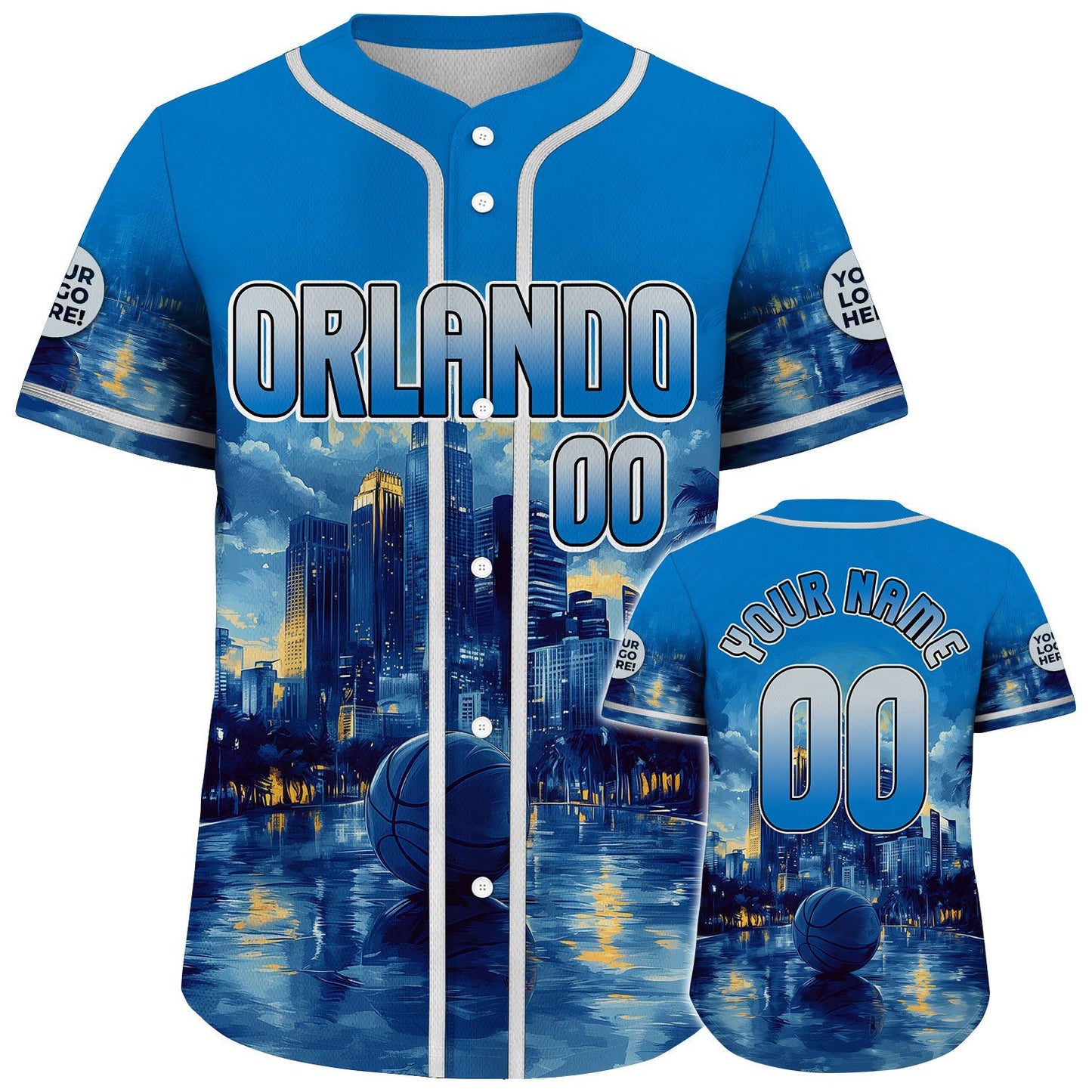 Silver Magic Blue Orlando Florida Basket Reflecting City Skyline Custom Name Baseball Jerseys For Men & Women