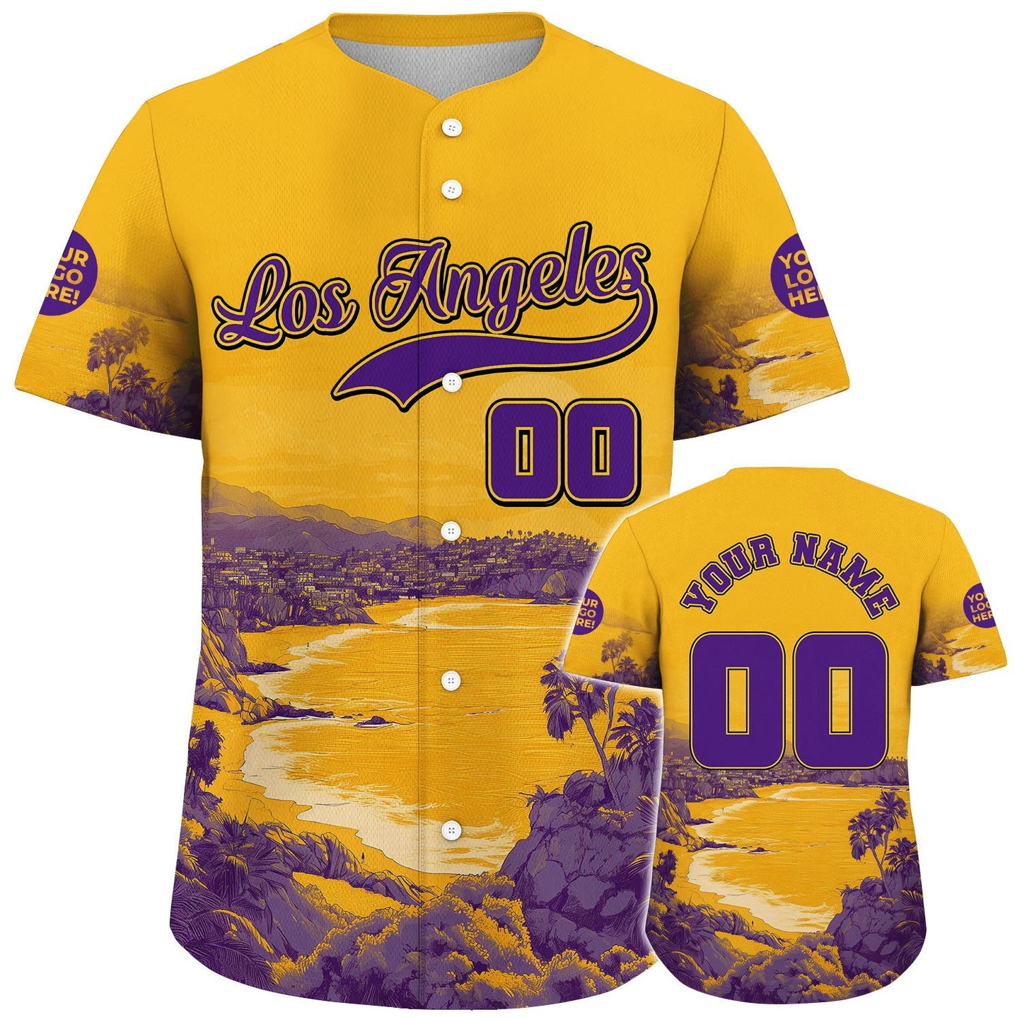Purple Gold Los Angeles Beachfront Summer Vibe Custom Name Baseball Jerseys For Men & Women