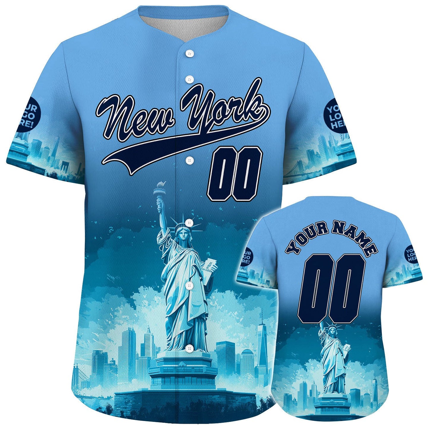 Obsidian Blue Sky Blue New York Statue Of Liberty Frozen City Custom Name Baseball Jerseys For Men & Women