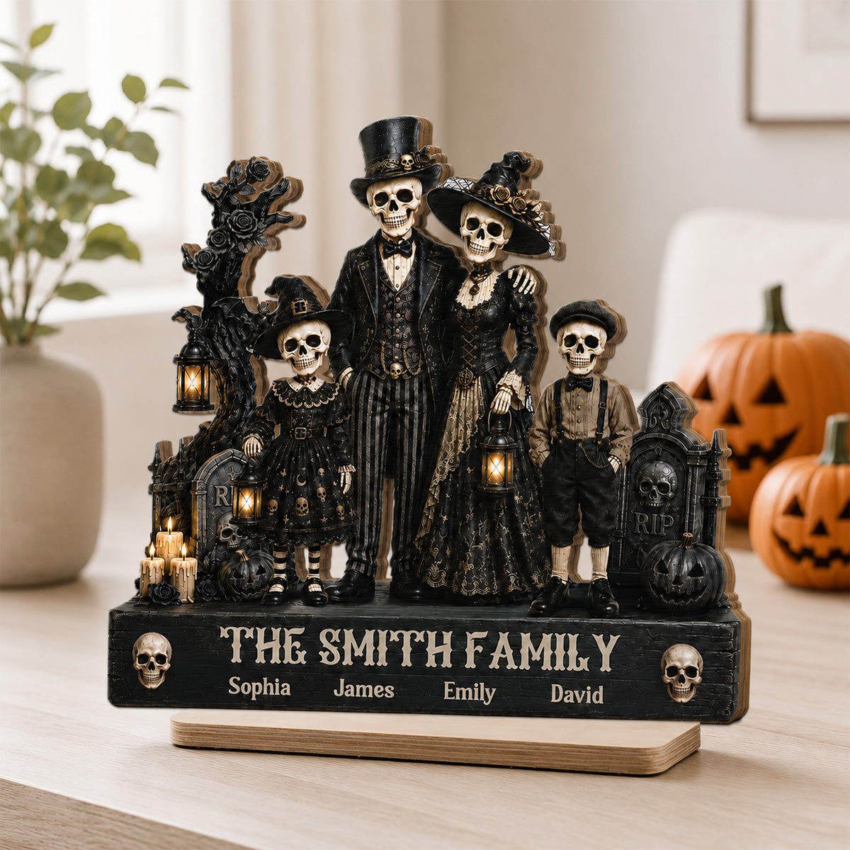 Gothic Skeleton Family 2D Flat - Personalized Wooden Plaque - Halloween Decoration