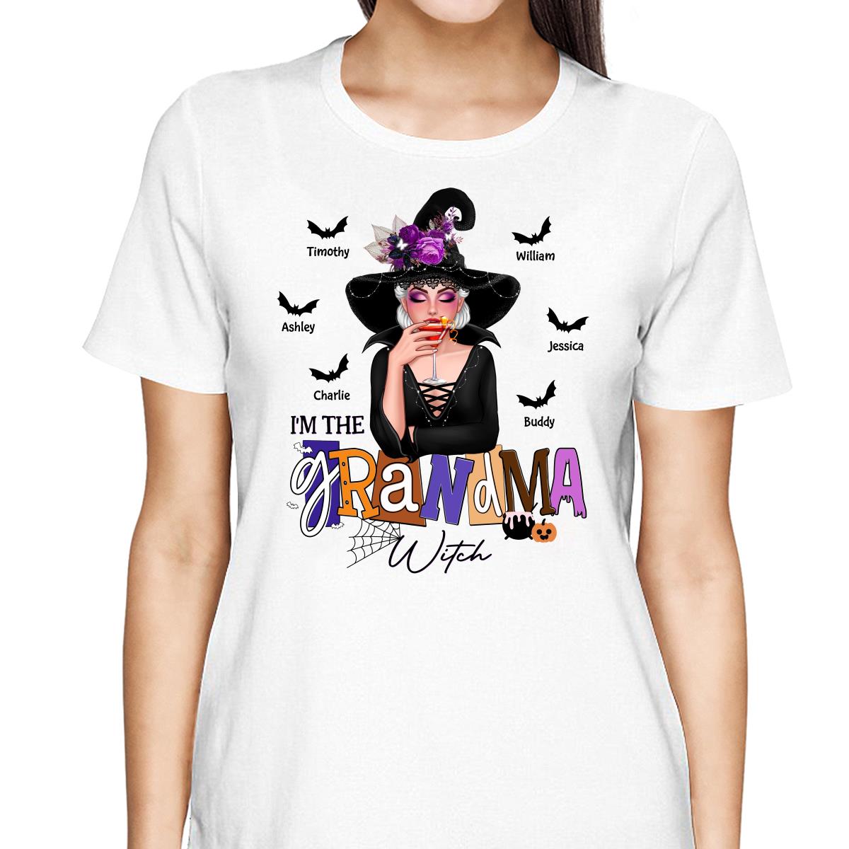 Grandma Mom Witch Bats With Kids Names Halloween - Personalized Shirt - Gift For Grandma, Mom