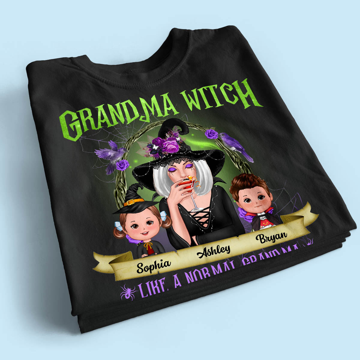 Green And Purple Halloween Grandma And Kids - Personalized Shirt - Gift For Grandma