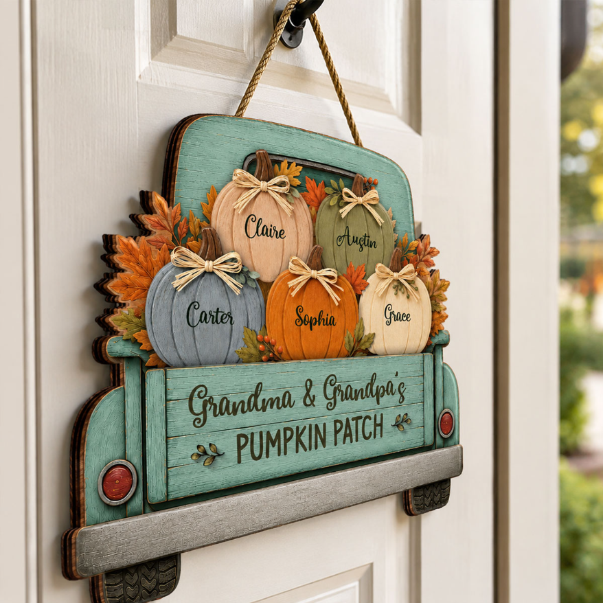 Grandma Grandpa's Pumpkin Patch Truck 2D Flat Printed - Personalized Door Hanger - Fall Season Decor For Grandparents (Up To 8 Grandkids)