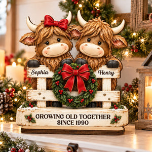 Happy Highland Cows Couple Christmas Fence personalized wooden plaque