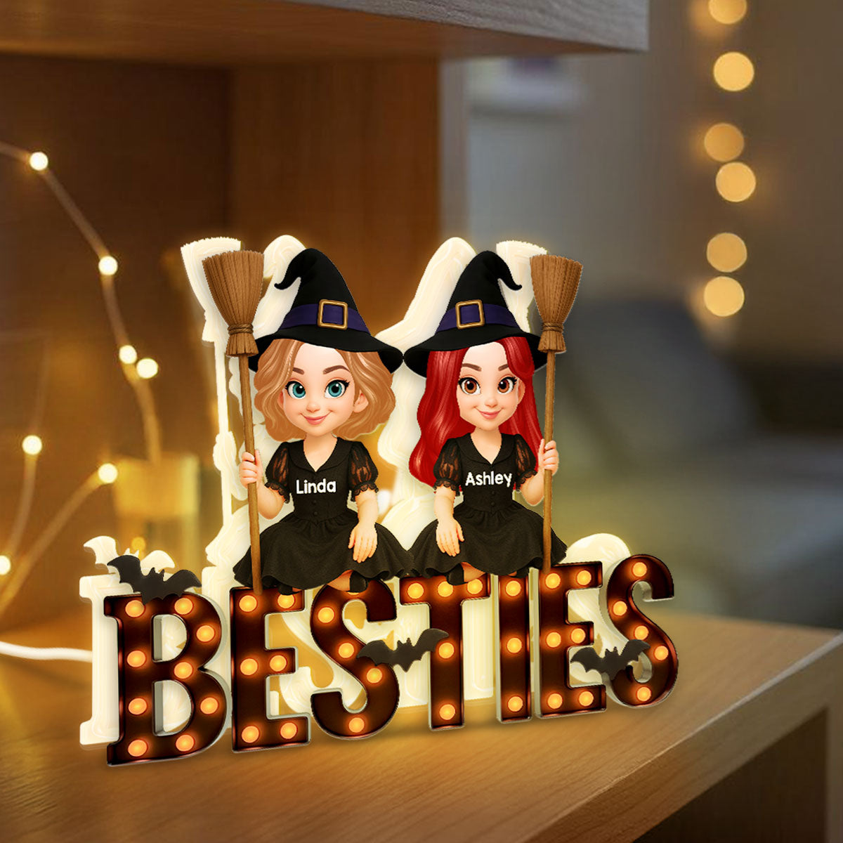 Halloween Besties Sisters Witches Sitting On Marquee - Personalized Light Box - Gift For Sister, Best Friend