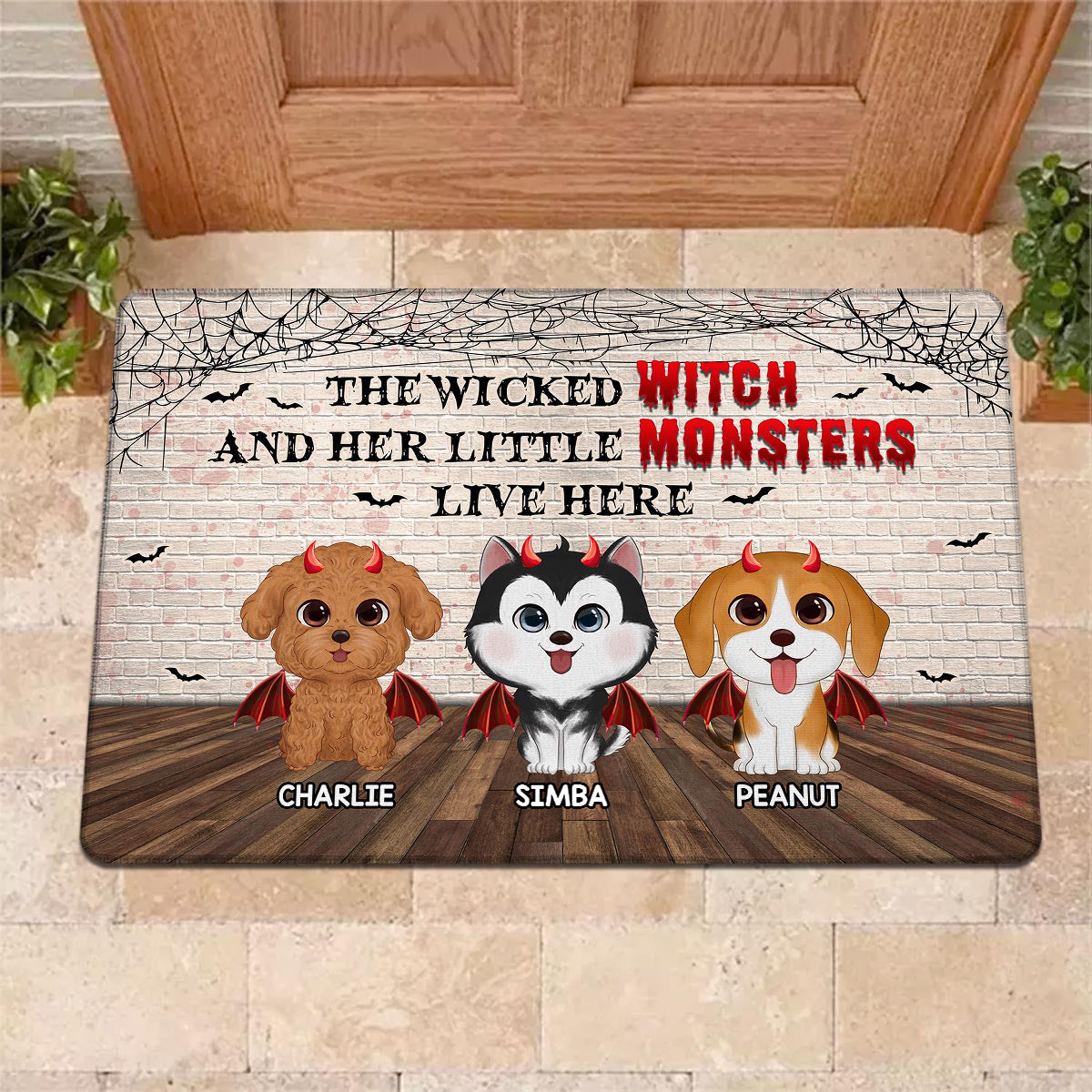 Halloween Brick Background Watercolor Cute Dogs - Personalized Doormat - Gift For Dog Lovers