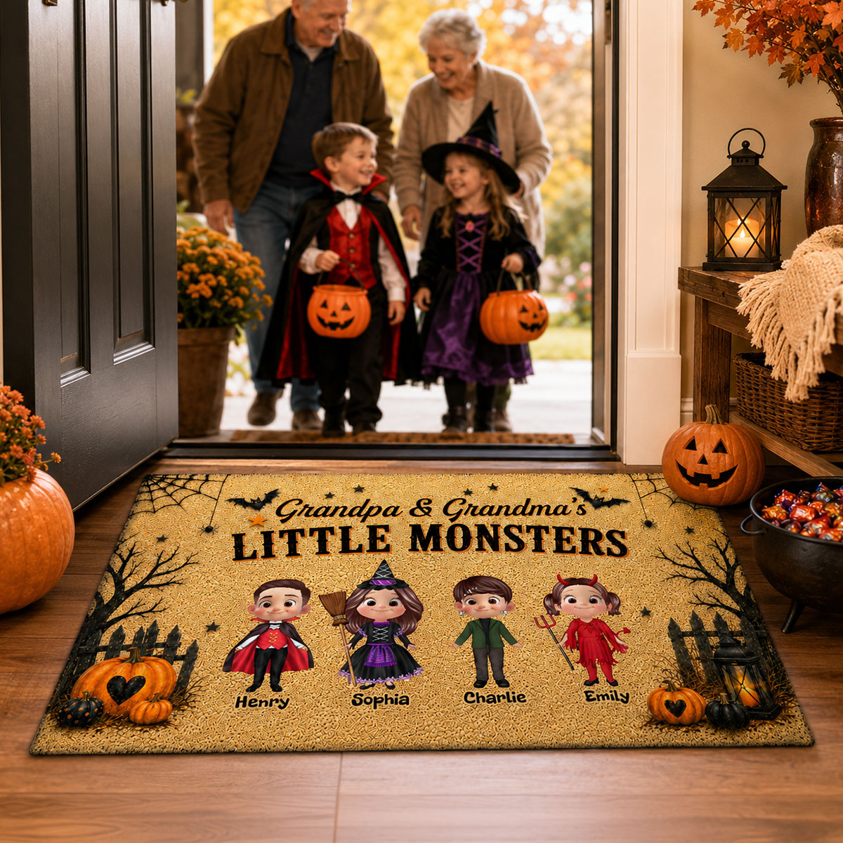 Halloween Grandpa Grandma Little Monsters Grandkids - Personalized Doormat - Gift For Grandma, Grandpa