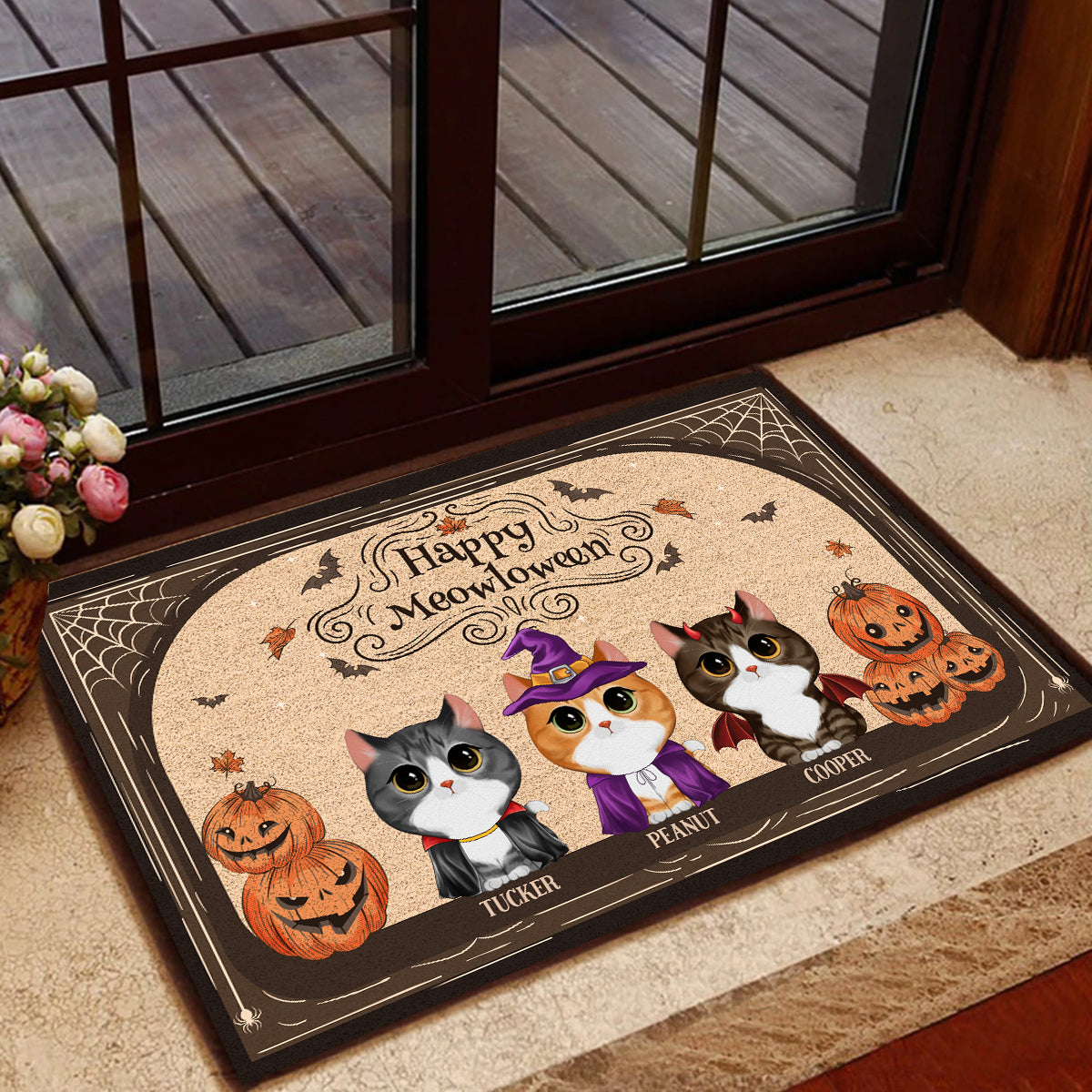 Halloween Pumpkin Watercolor Cute Cats - Personalized Doormat - Gift For Cat Lovers