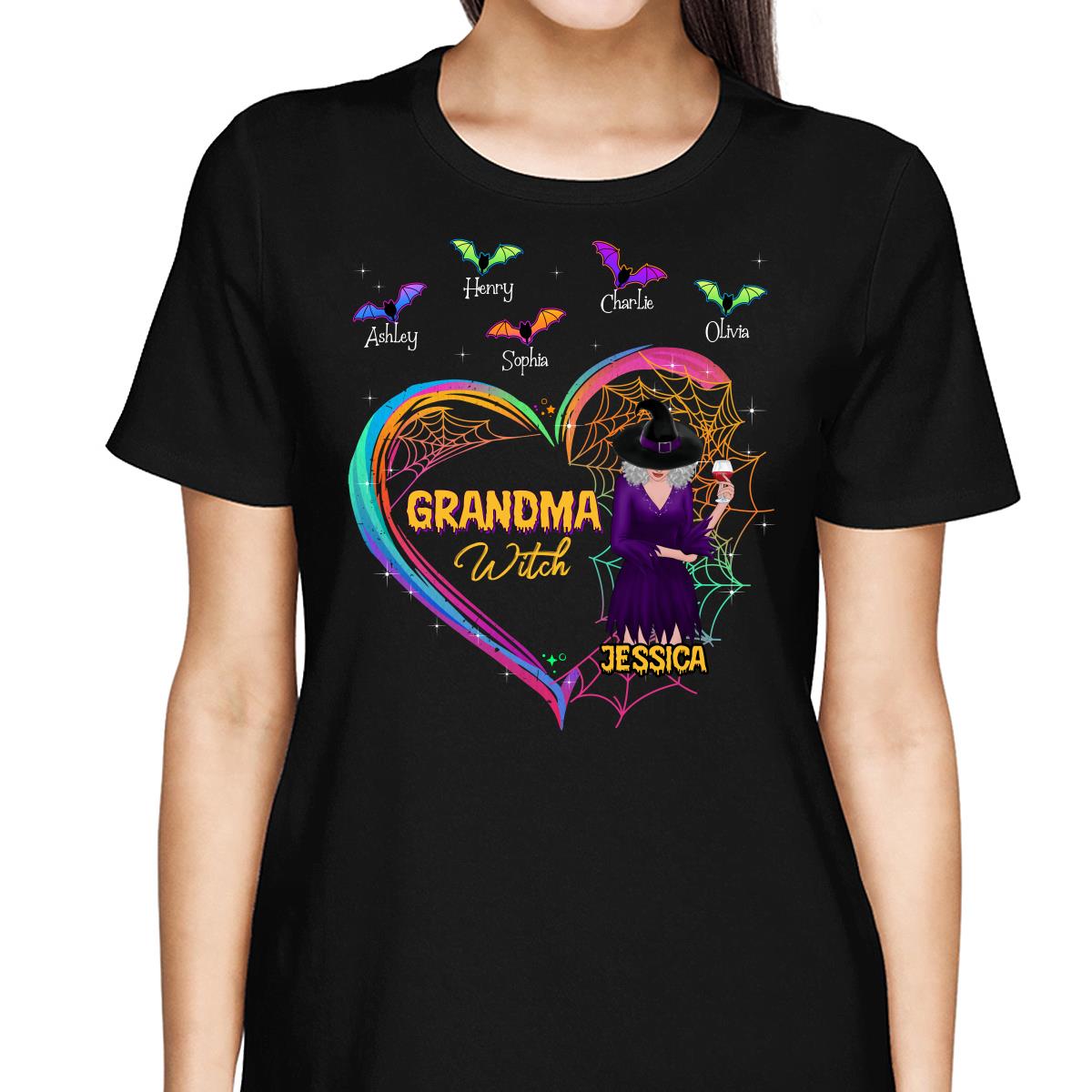 Heart Grandma Mom With Bats Kids Names Halloween - Personalized Shirt - Gift For Mom, Grandma