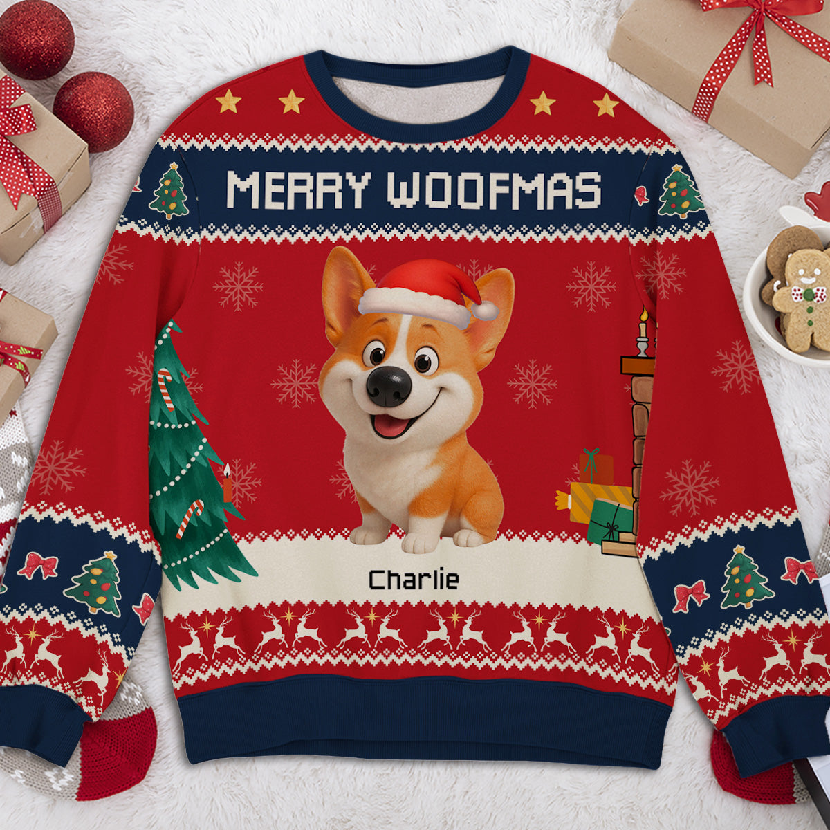 Merry Woofmas Caricature Dog Cartoon - Personalized All-Over-Print Sweatshirt