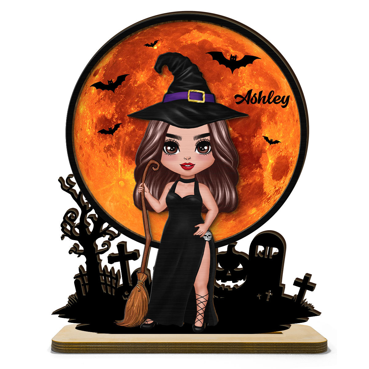 Witch Under Halloween Moon - Personalized 2-Layer Standing Wooden Plaque - Gift For Best Friend