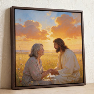 Personalized memorial portrait with Jesus in a golden field, framed