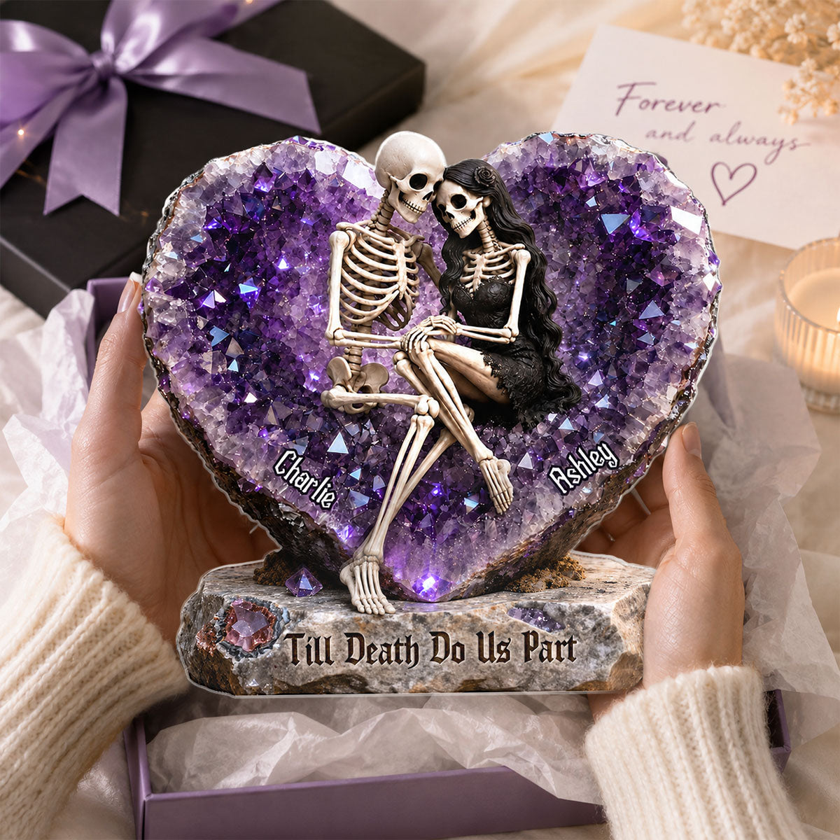 Till Death Do Us Part Skeleton Couple Quartz Heart - Personalized Acrylic Block Plaque - Gift For Wife, Husband