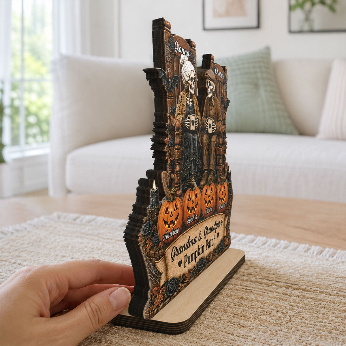 Grandma Grandpa Skeleton Pumpkin Patch 2D Flat - Personalized Wooden Plaque