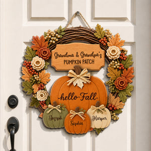 Grandma Grandpa's Pumpkin Patch Wreath Style Personalized Door Hanger