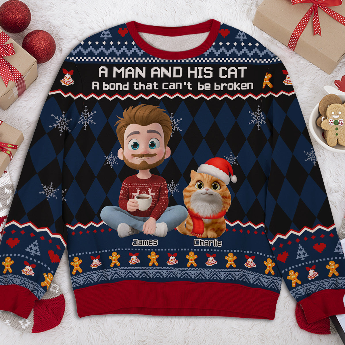Just A Man Who Loves His Cat Christmas - Personalized All-Over-Print Sweatshirt