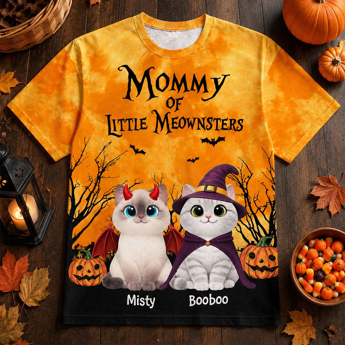 Halloween Theme Mommy Daddy Of The Meownsters Cats - Personalized All-Over Print Shirt - Gift For Mom, Dad