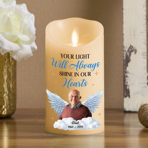 Your Light Will Always Shine In Our Hearts personalized LED memorial candle