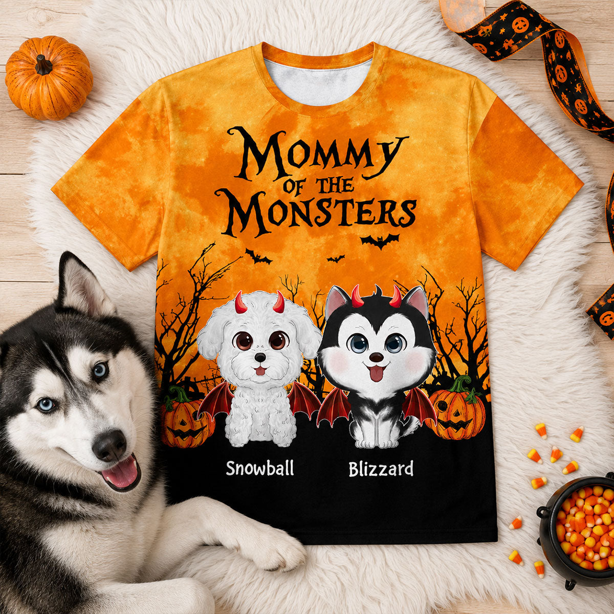 Halloween Theme Mommy Daddy Of The Monsters Dogs - Personalized All-Over Print Shirt - Gift For Mom, Dad