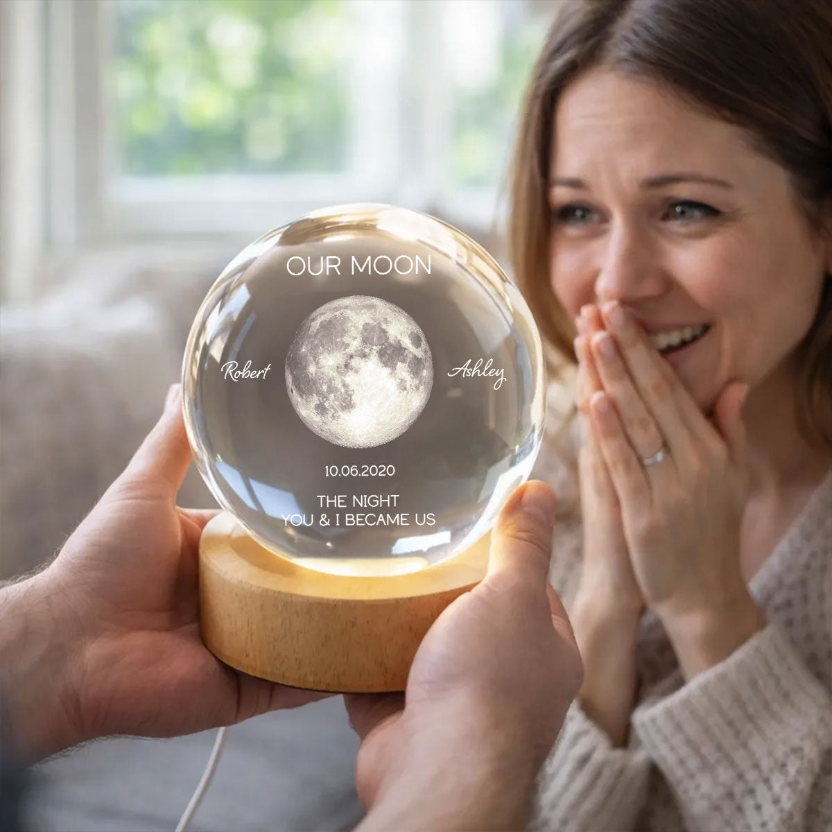Personalized Moon Phase Crystal Ball Night Light - Custom Date Gift for Mom & Her - Unique Anniversary or Birthday Keepsake
