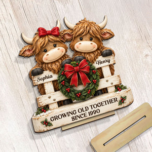 Happy Highland Cows Couple Christmas Fence personalized wooden plaque