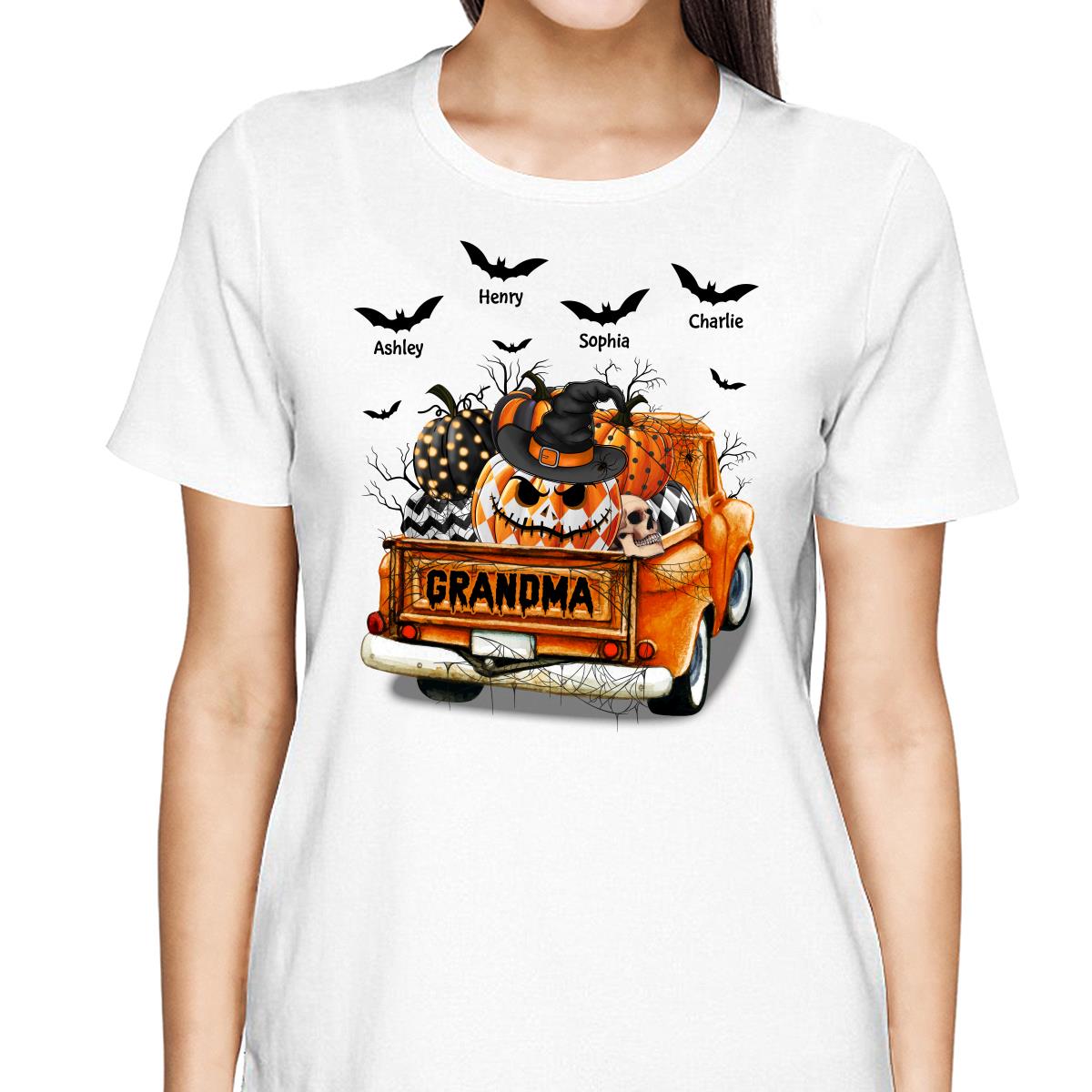 Grandma Mom Halloween Patterned Pumpkins Truck - Personalized Shirt - Gift For Mom, Grandma