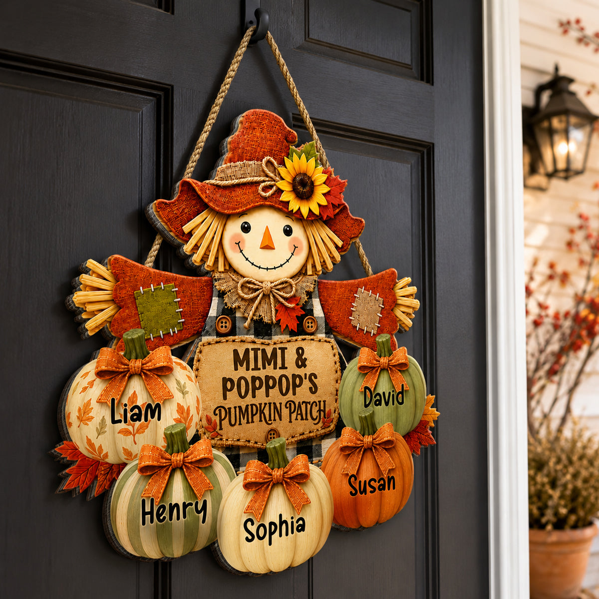 Grandma & Grandpa's Pumpkin Patch Scarecrow - Personalized Wooden Door Sign - Fall Front Porch Decor (Up To 8 Grandkids) - Gift For Grandma