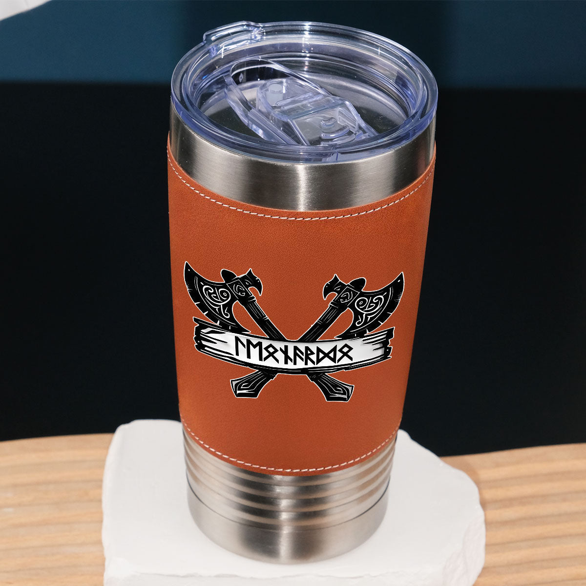 Rune Marked Viking - Personalized Leather Tumbler - Christmas Gift For Dad