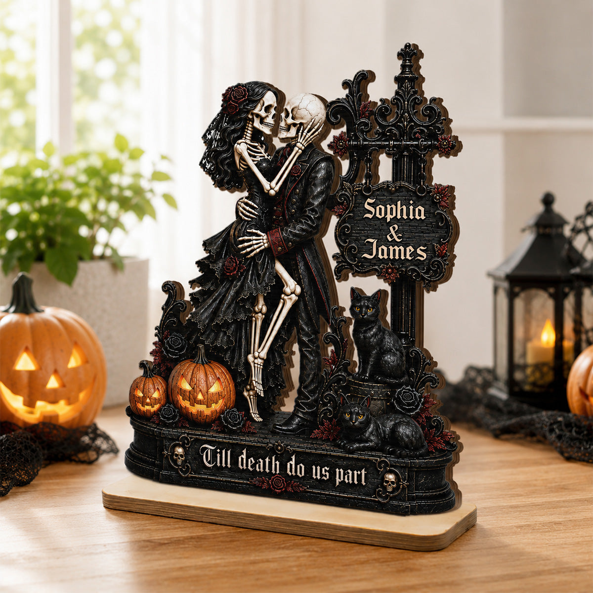 Skeleton Couple Kissing Under Sign Post 2D Flat - Personalized 2-Layered Wooden Plaque - Gift For Wife, Husband