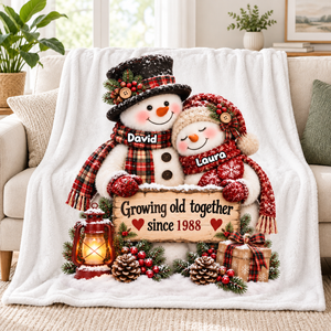 Snowman Couple Hugging Growing Old Together personalized fleece blanket
