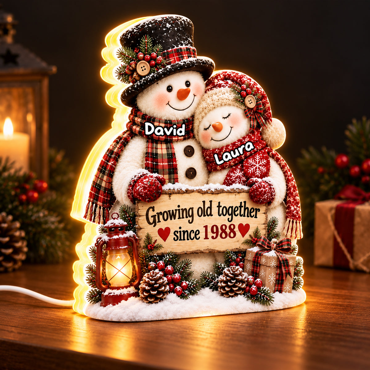 Snowman Couple Hugging Growing Old Together - Personalized Light Box - Christmas Gift For Wife, Husband