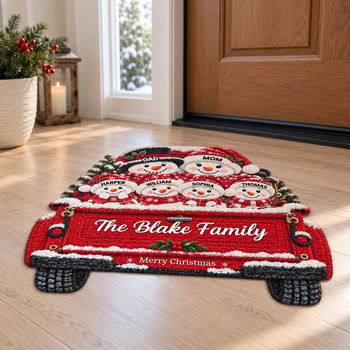 Christmas Cute Snowman Family On Truck 2D Flat Printed - Personalized Doormat - Christmas Gift For Grandma, Grandpa
