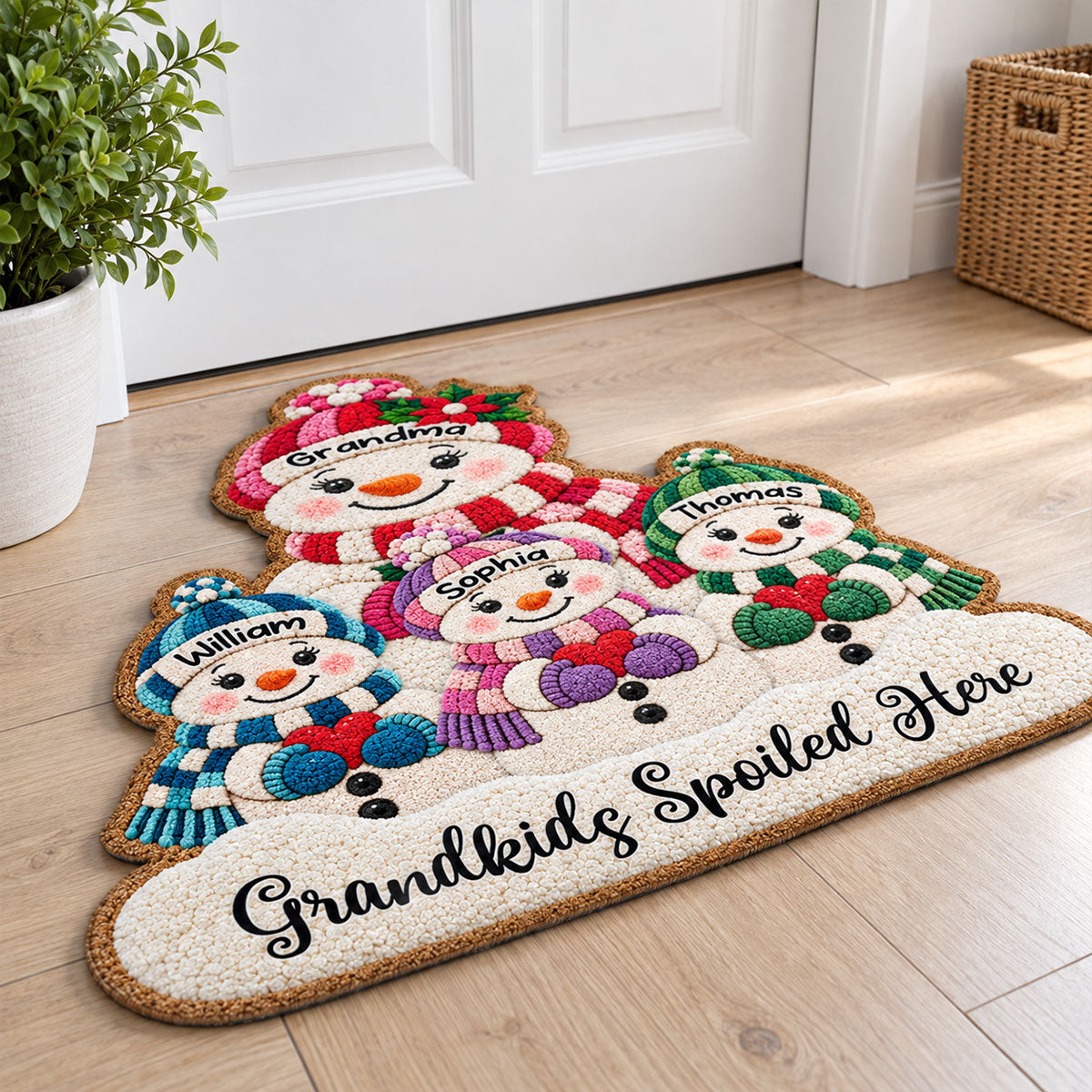 Cute Snowman Grandma & Grandkids 2D Flat Printed - Personalized Doormat - Christmas Gift For Grandma, Grandpa