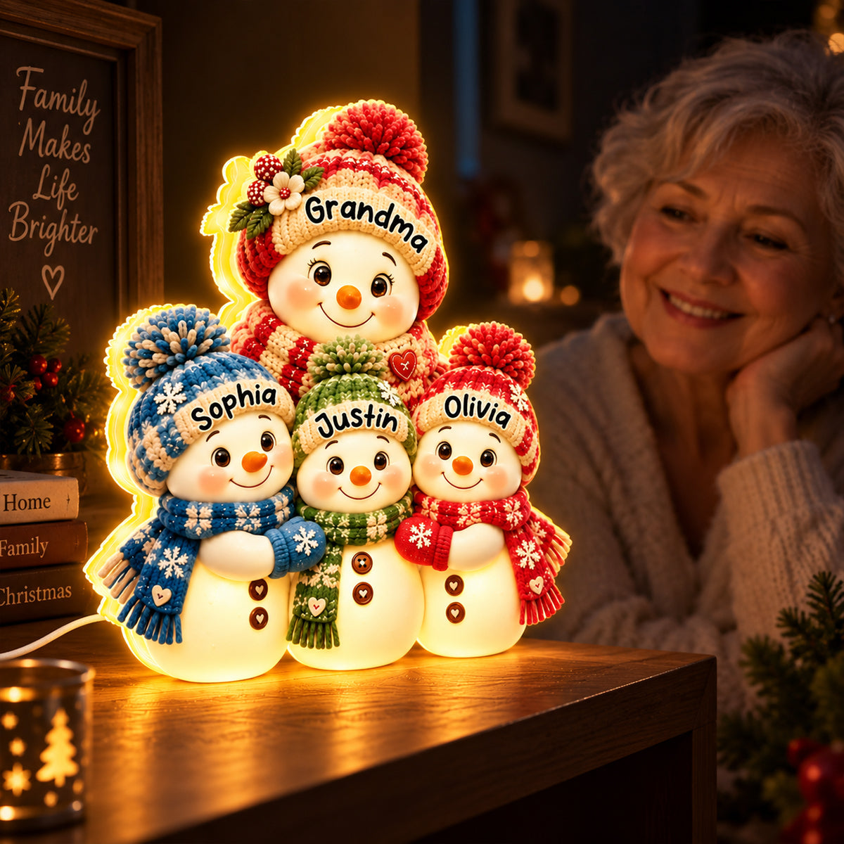 Cute Snowman Grandma Hugging Grandkids personalized light box