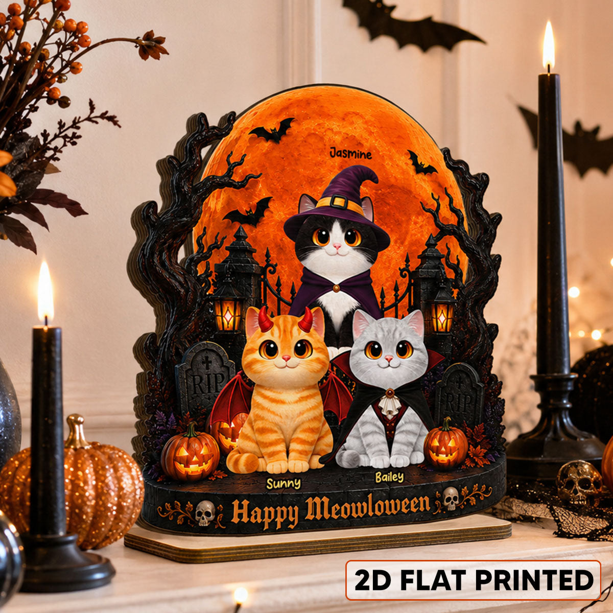 Spooky Halloween Cats Under Moonlight - Personalized 2-Layered Wooden Plaque - Gift For Cat Lovers