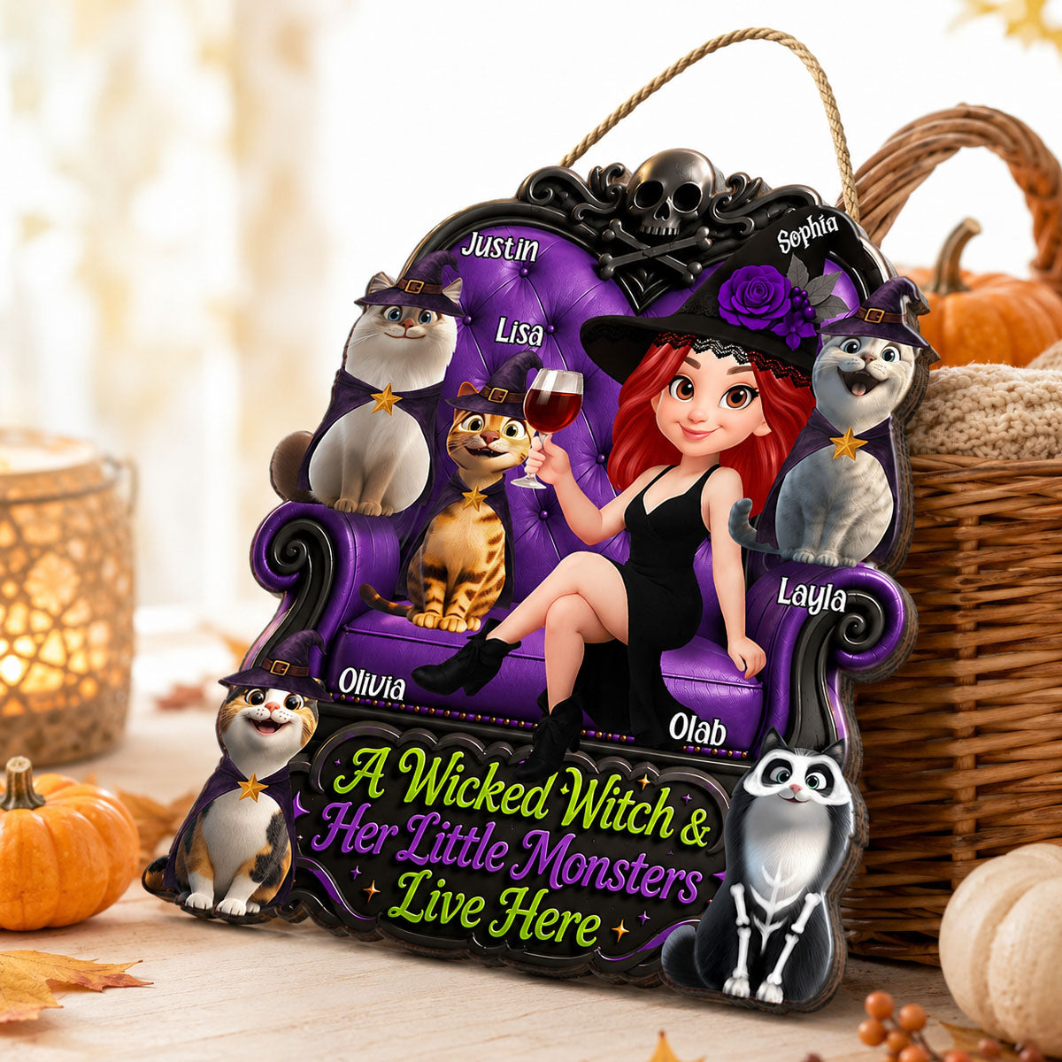 A Wicked Witch And Her Little Monsters Live Here - Personalized Wooden Door Sign - Gift For Mom
