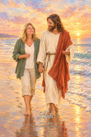 Walk With Jesus By The Sea artwork painted from a photo, with name, years and message