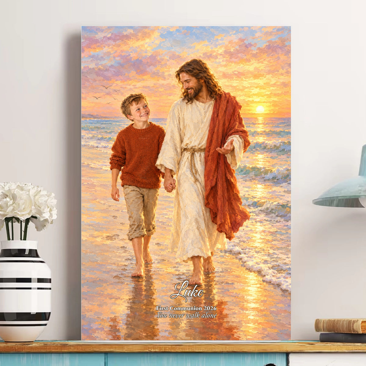 First Communion poster of a boy walking hand in hand with Jesus along the sea at sunrise