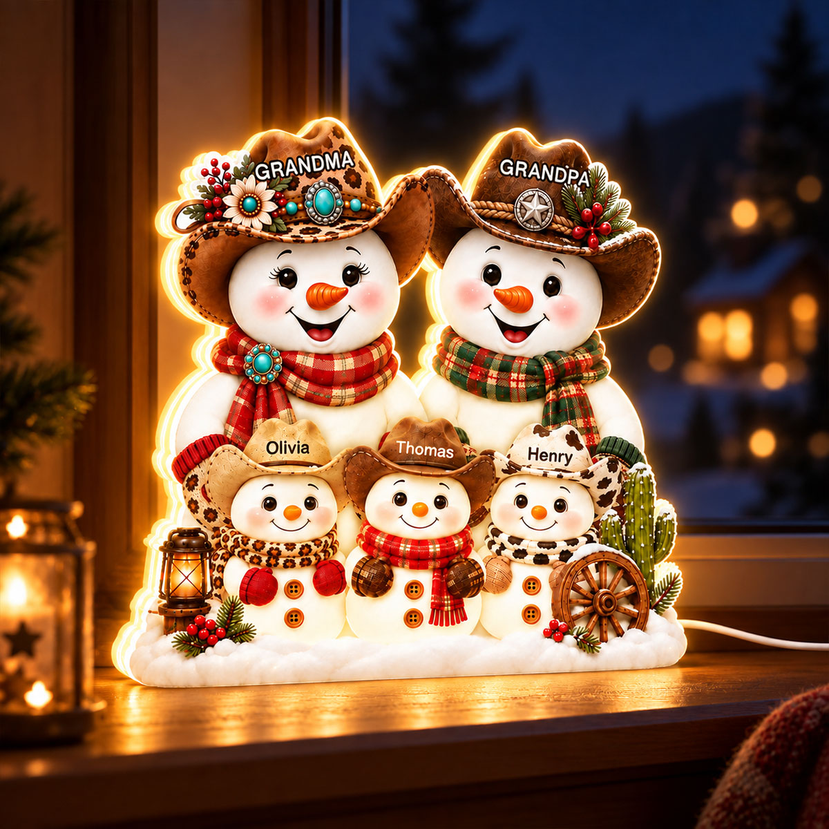 Western Grandpa Grandma Snowman personalized light box