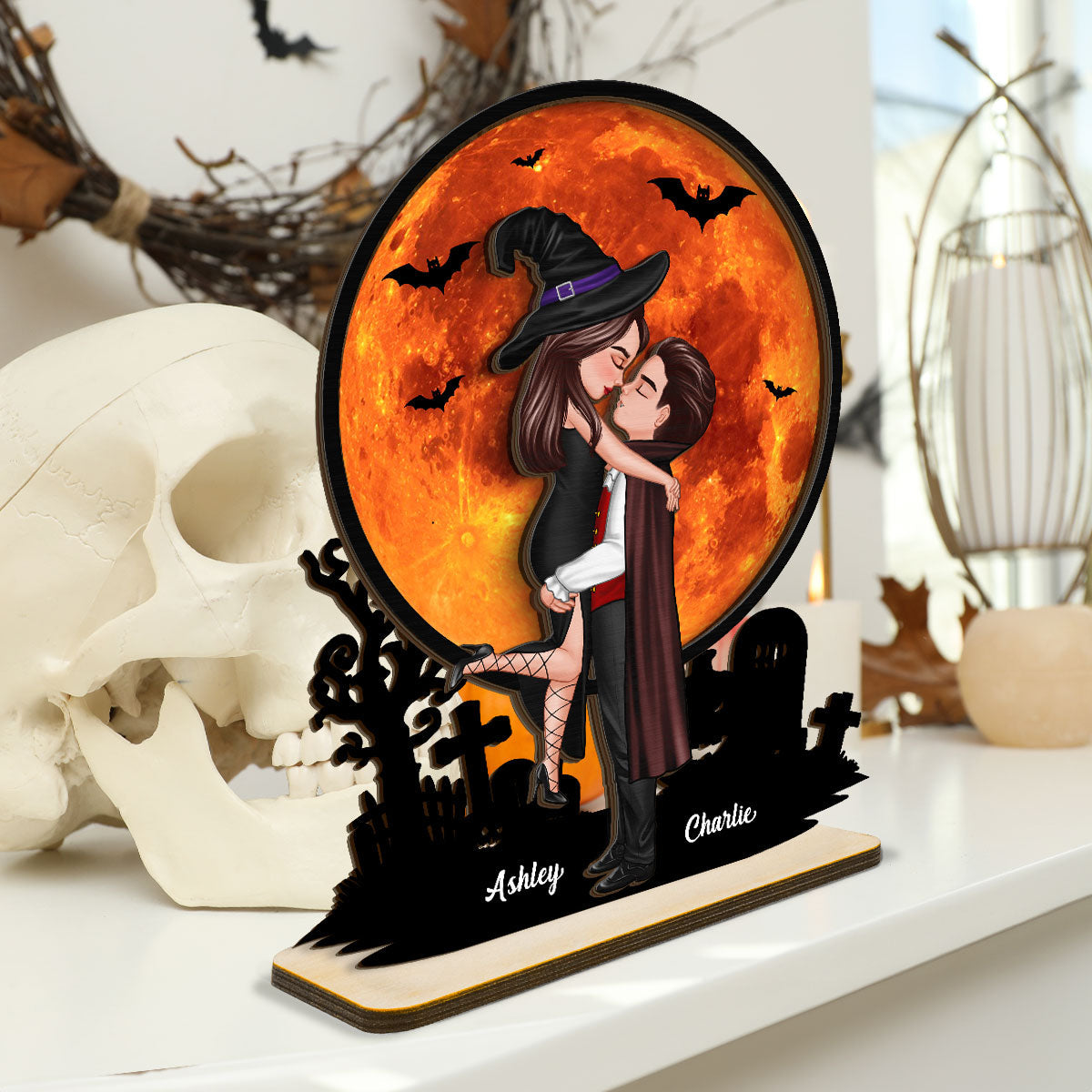 Couple Hugging Under Halloween Moon - Personalized 2-Layer Standing Wooden Plaque - Gift For Wife, Husband