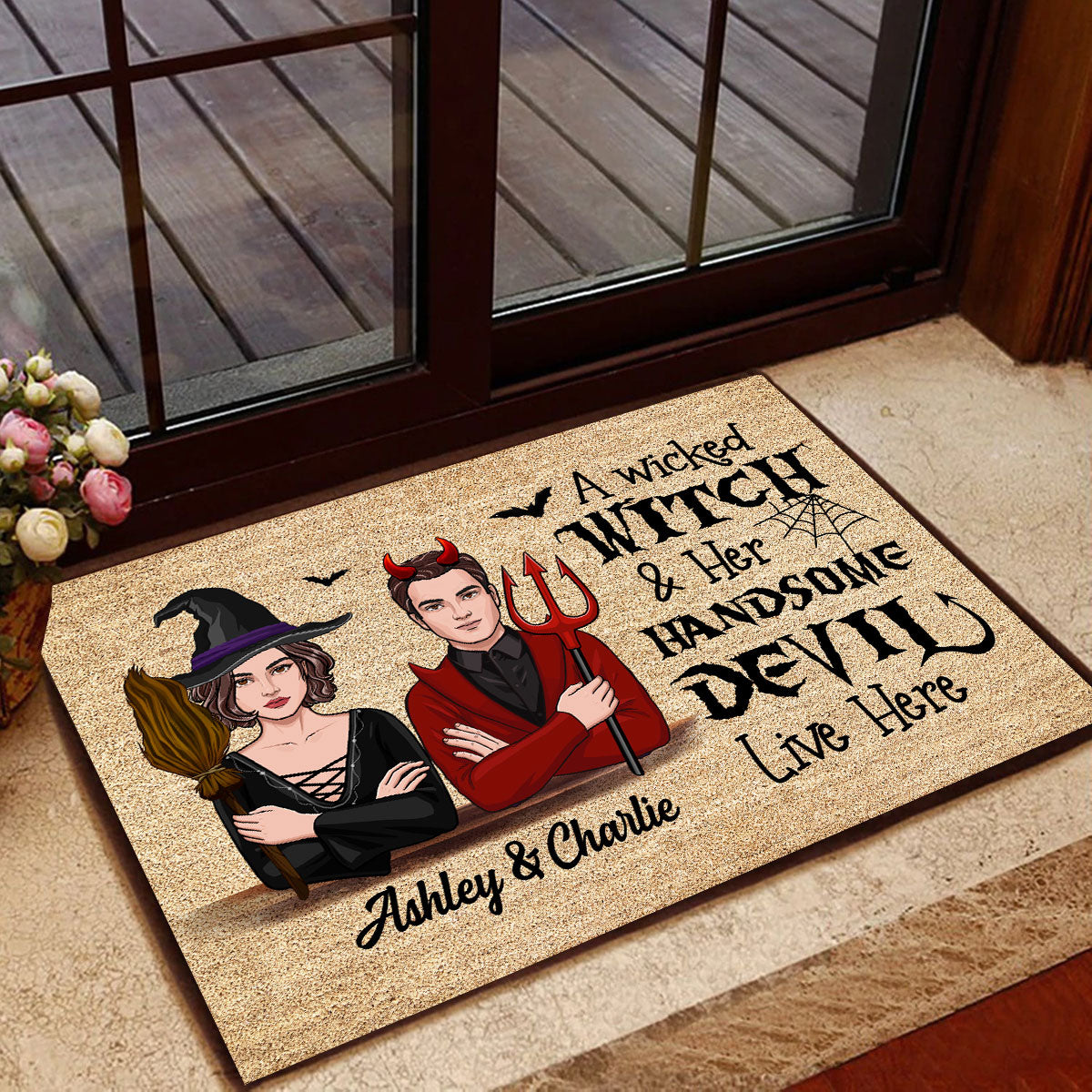 Wicked Witch And Handsome Devil Live Here Halloween Couple - Personalized Doormat - Gift For Wife, Husband