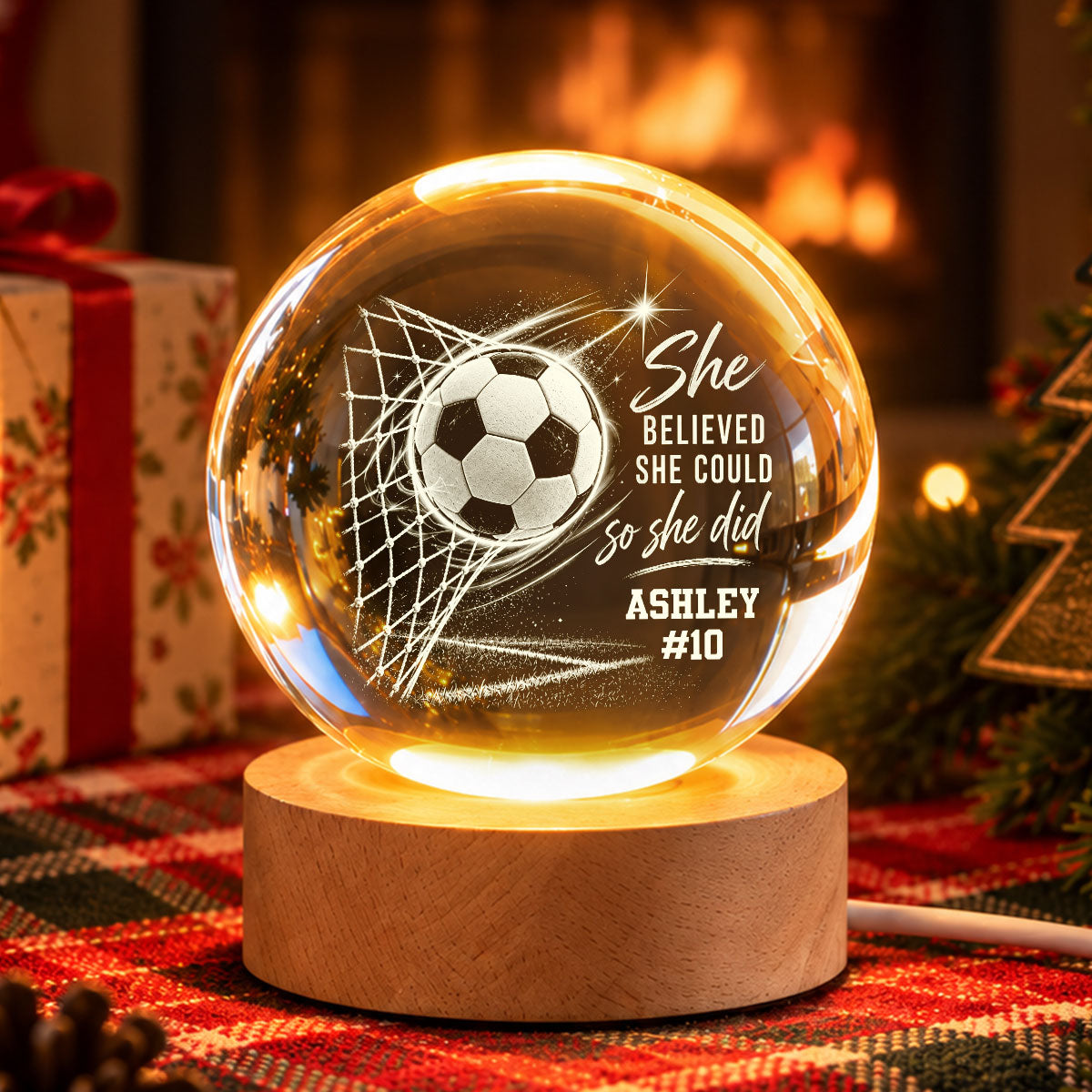 Proud Soccer Player Name And Number - Personalized Crystal Ball LED Night Light